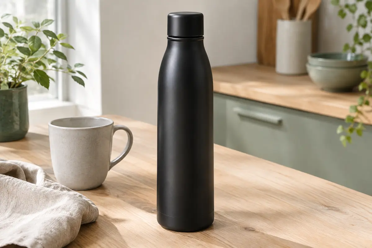 Gourde isotherme noire en acier inoxydable posée sur une table en bois clair près d’une tasse
