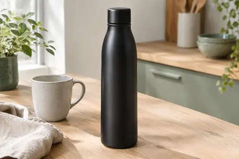 Gourde isotherme noire en acier inoxydable posée sur une table en bois clair près d’une tasse