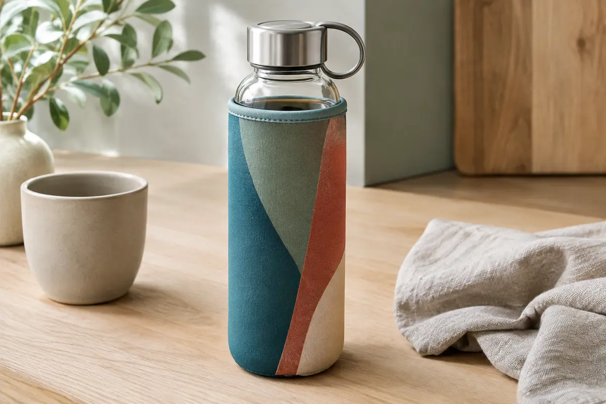Gourde en verre borosilicaté avec bouchon inox à anneau et housse réversible multicolore