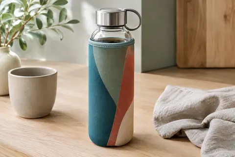Gourde en verre borosilicaté avec bouchon inox à anneau et housse réversible multicolore