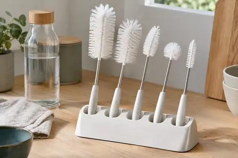 Cinq goupillons blancs de longueurs variées rangés sur leur support à base inclinée