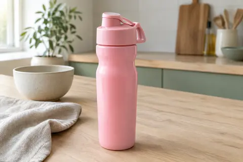 Gourde sport rose Muc-Off avec bouchon ergonomique posée sur une table en bois clair