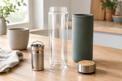 Bouteille infuseur en verre transparent avec filtre amovible et manchon en néoprène sur une table claire.