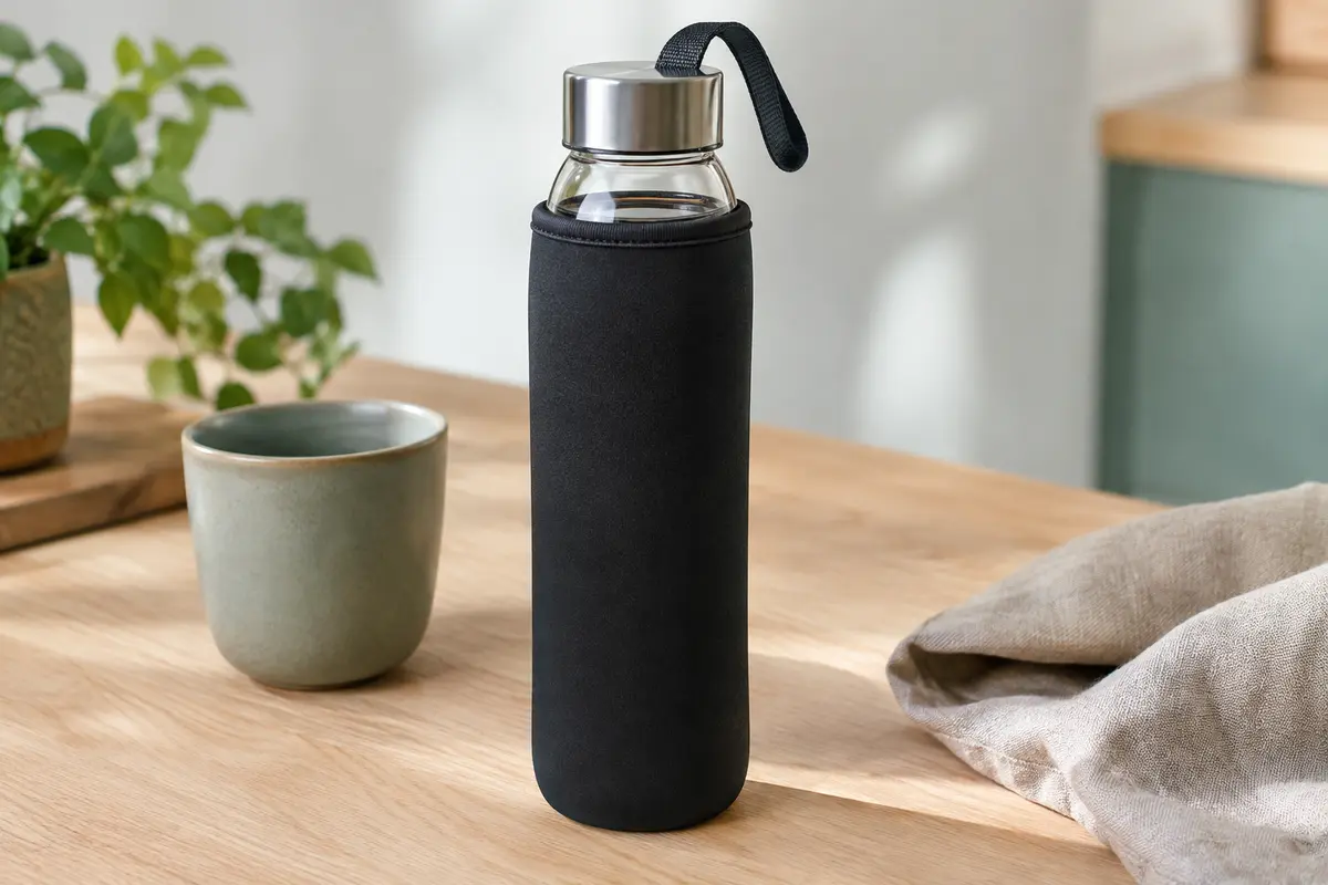 Bouteille en verre de 400 ml avec housse noire en néoprène et boucle, posée sur une table en bois clair.