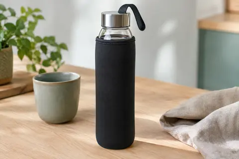 Bouteille en verre de 400 ml avec housse noire en néoprène et boucle, posée sur une table en bois clair.