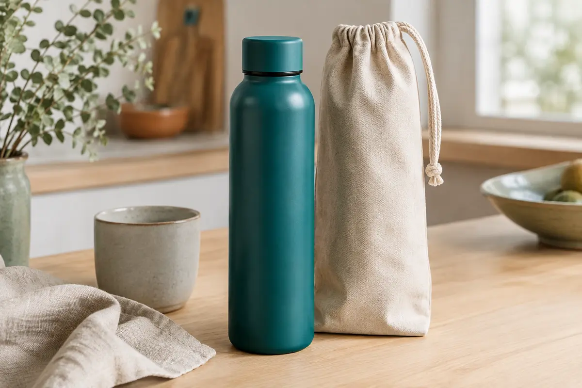 Bouteille isotherme sarcelle en acier inoxydable avec bouchon à vis et housse de transport en coton