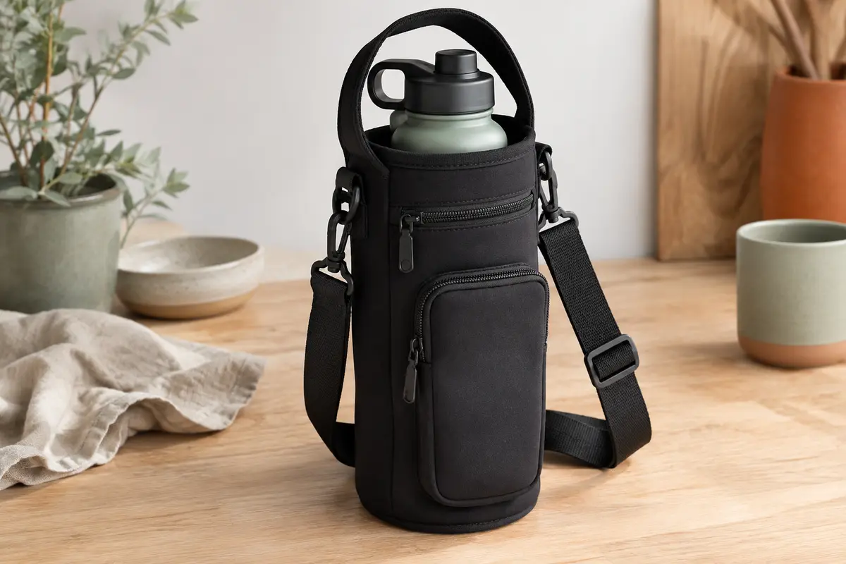 Sac porte-gourde noir en néoprène avec bandoulière et deux poches zippées posé sur une table en bois clair.