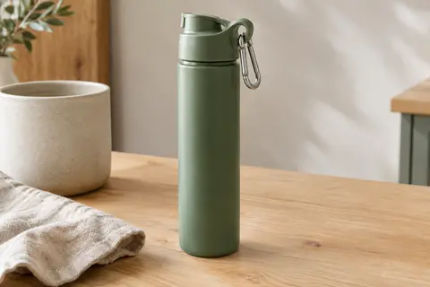 Gourde filtrante cylindrique en plastique vert mousse avec mousqueton, posée sur une table en bois clair.