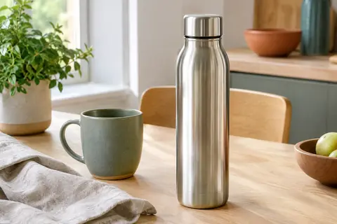 Gourde isotherme argentée en inox avec bouchon à vis, posée sur une table en bois clair