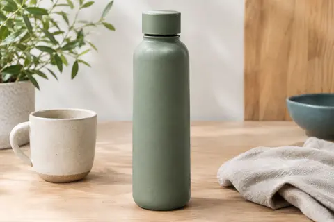 Gourde isotherme en inox vert à bouchon assorti posée sur une table en bois clair