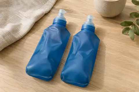 Deux flasques souples bleues de 500 ml avec valve à mordre, posées sur une table en bois clair.