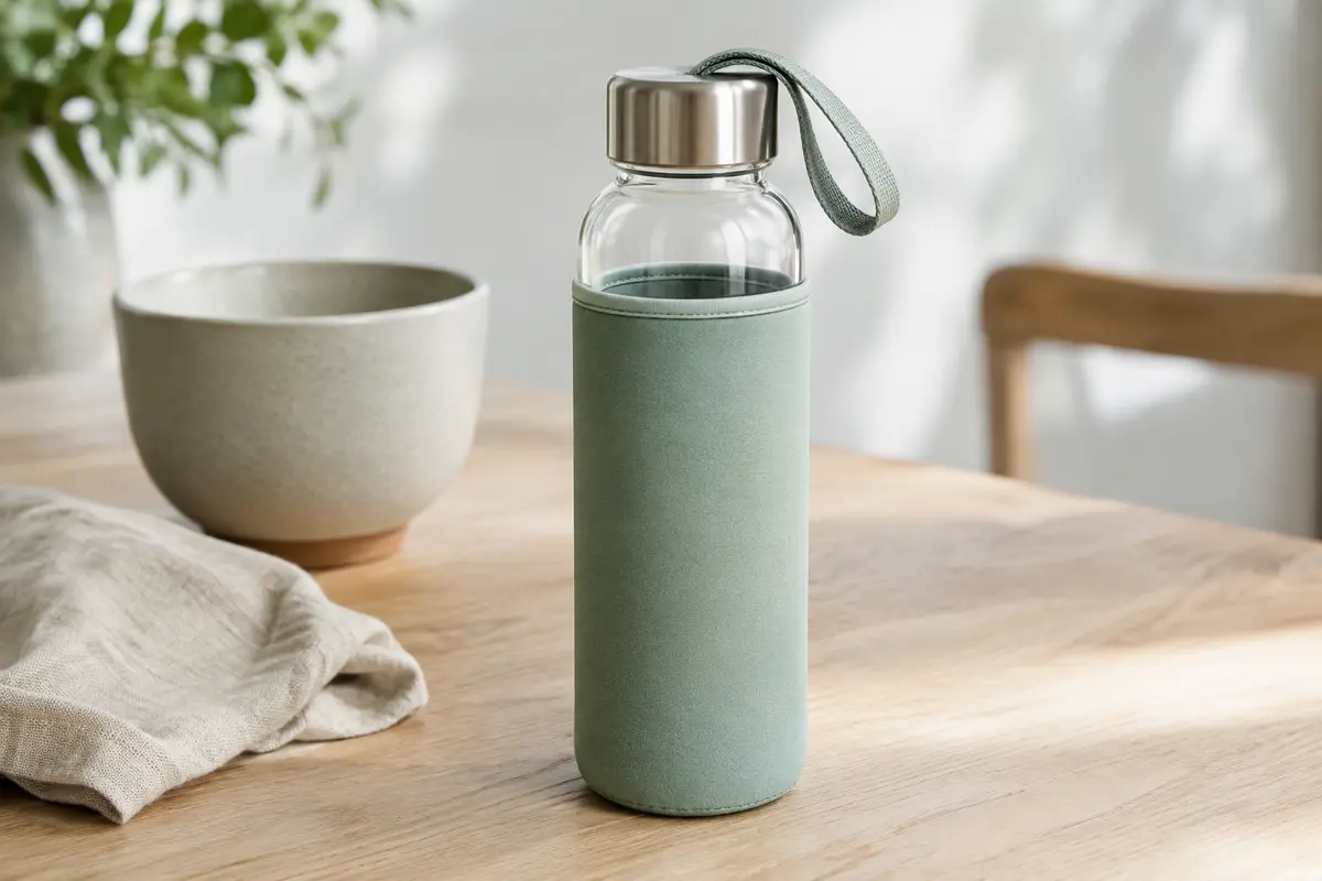 Bouteille en verre transparent avec manchon vert menthe et bouchon en acier, posée sur une table en bois clair.