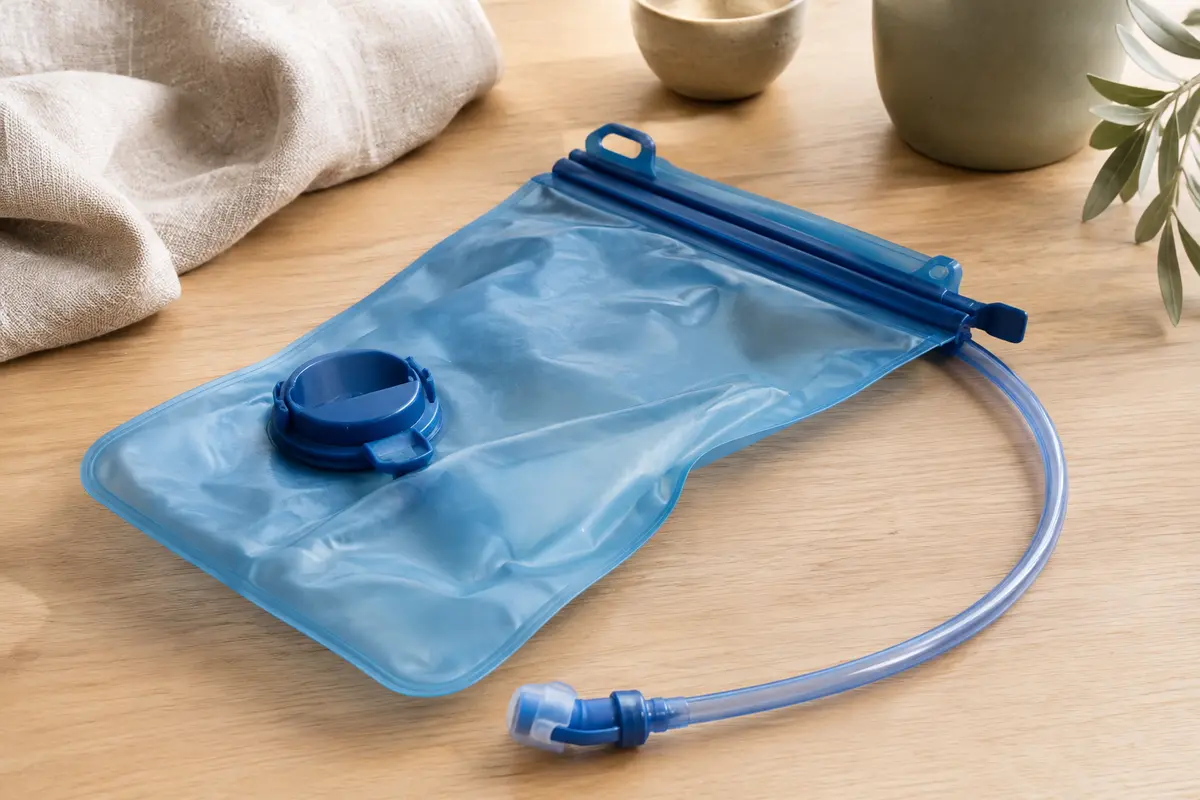 Réservoir souple d’hydratation bleu clair posé sur une table en bois, glissière visible.