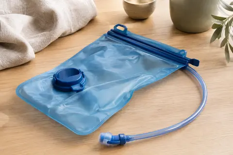 Réservoir souple d’hydratation bleu clair posé sur une table en bois, glissière visible.