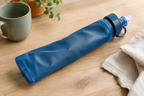 Flasque souple de sport bleue avec large bouchon et valve, posée sur une table en bois clair