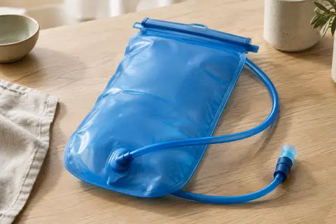 Réservoir souple bleu de 2 L avec glissière et valve, posé sur une table en bois clair.