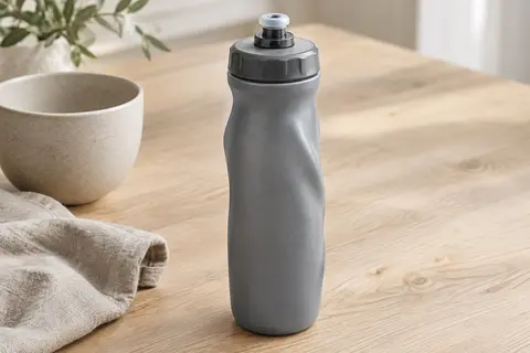 Bidon de vélo gris en polypropylène, avec corps souple et embout SureSnap, posé sur une table en bois clair.