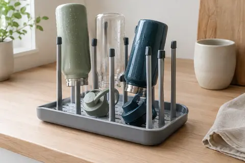 Égouttoir à gourdes gris avec tiges de maintien et bac d’égouttage sur un plan de cuisine clair