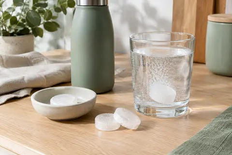 Pastilles nettoyantes effervescentes près d’une gourde réutilisable et d’un verre d’eau