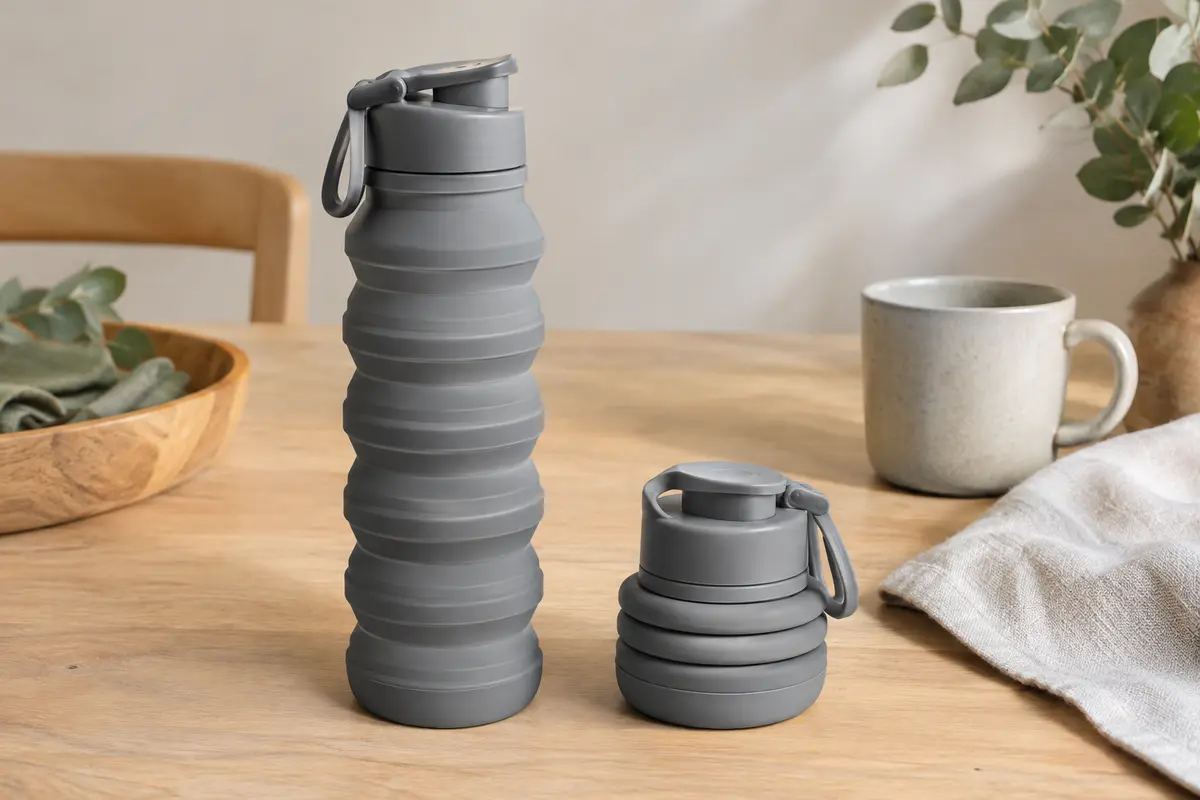 Gourde pliable en silicone gris, présentée dépliée et repliée sur une table en bois clair.