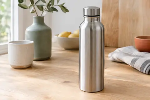 Gourde isotherme Sistema en acier inoxydable avec bouchon vissé, posée sur une table en bois clair.