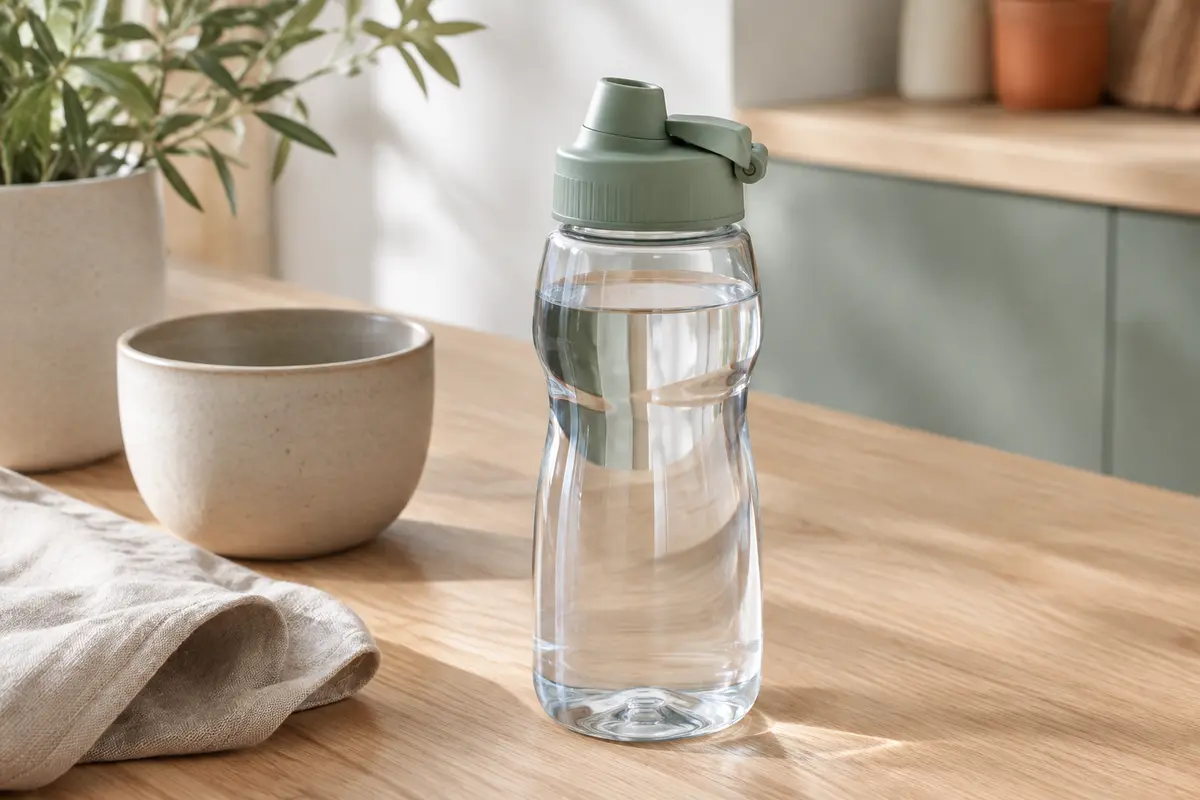 Gourde de sport transparente avec embout protégé, posée sur une table en bois clair