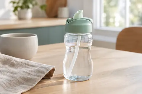 Gourde enfant transparente de 330 ml avec bouchon sport Twist ’n’ Sip sur une table en bois clair