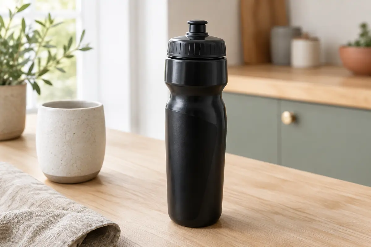 Gourde de vélo noire en plastique avec valve push-pull et bouchon amovible, posée sur une table en bois clair.