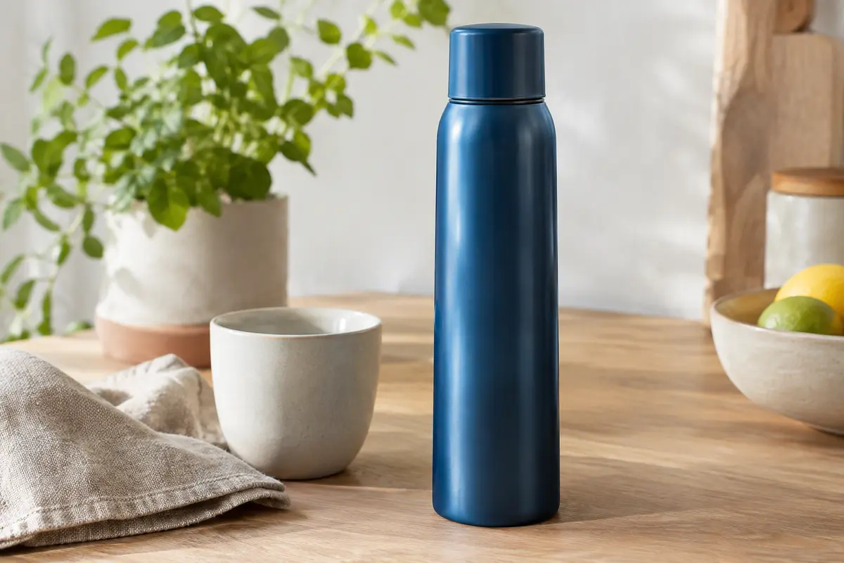 Gourde isotherme bleue en inox à double paroi posée sur une table en bois clair près d’une tasse en céramique.