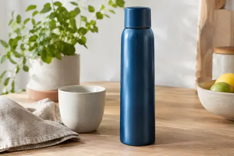 Gourde isotherme bleue en inox à double paroi posée sur une table en bois clair près d’une tasse en céramique.