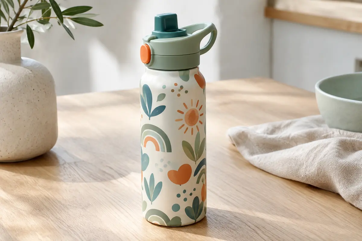 Gourde en aluminium multicolore pour enfant avec embout ergonomique et bouchon de sécurité, posée sur une table claire