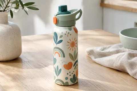 Gourde en aluminium multicolore pour enfant avec embout ergonomique et bouchon de sécurité, posée sur une table claire