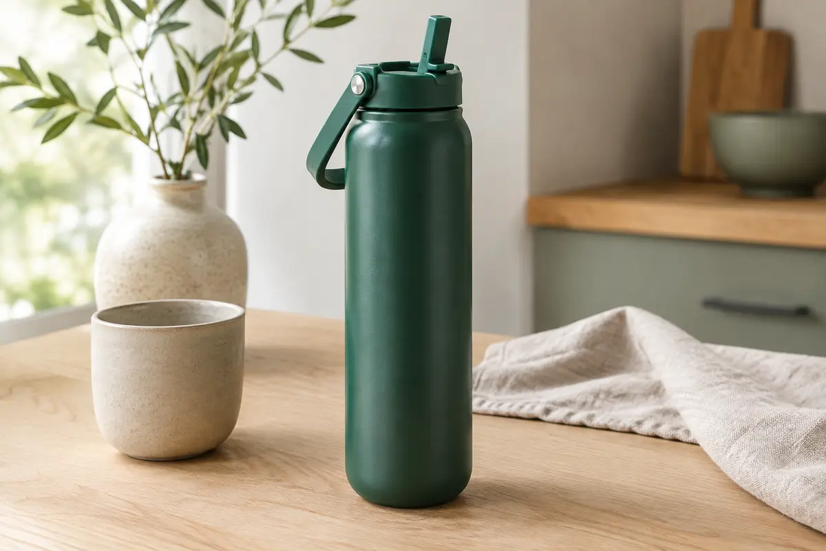Gourde isotherme émeraude en acier inoxydable avec poignée mobile et paille rabattable, posée sur une table en bois clair.
