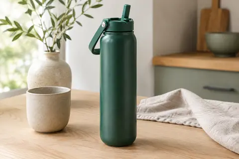 Gourde isotherme émeraude en acier inoxydable avec poignée mobile et paille rabattable, posée sur une table en bois clair.