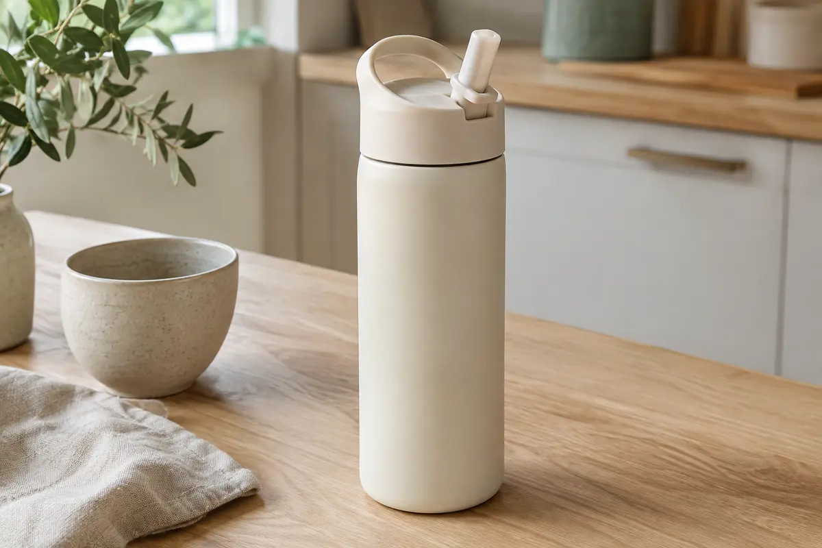 Gourde isotherme crème en inox avec poignée et paille rabattable, posée sur une table en bois clair