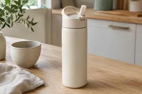 Gourde isotherme crème en inox avec poignée et paille rabattable, posée sur une table en bois clair
