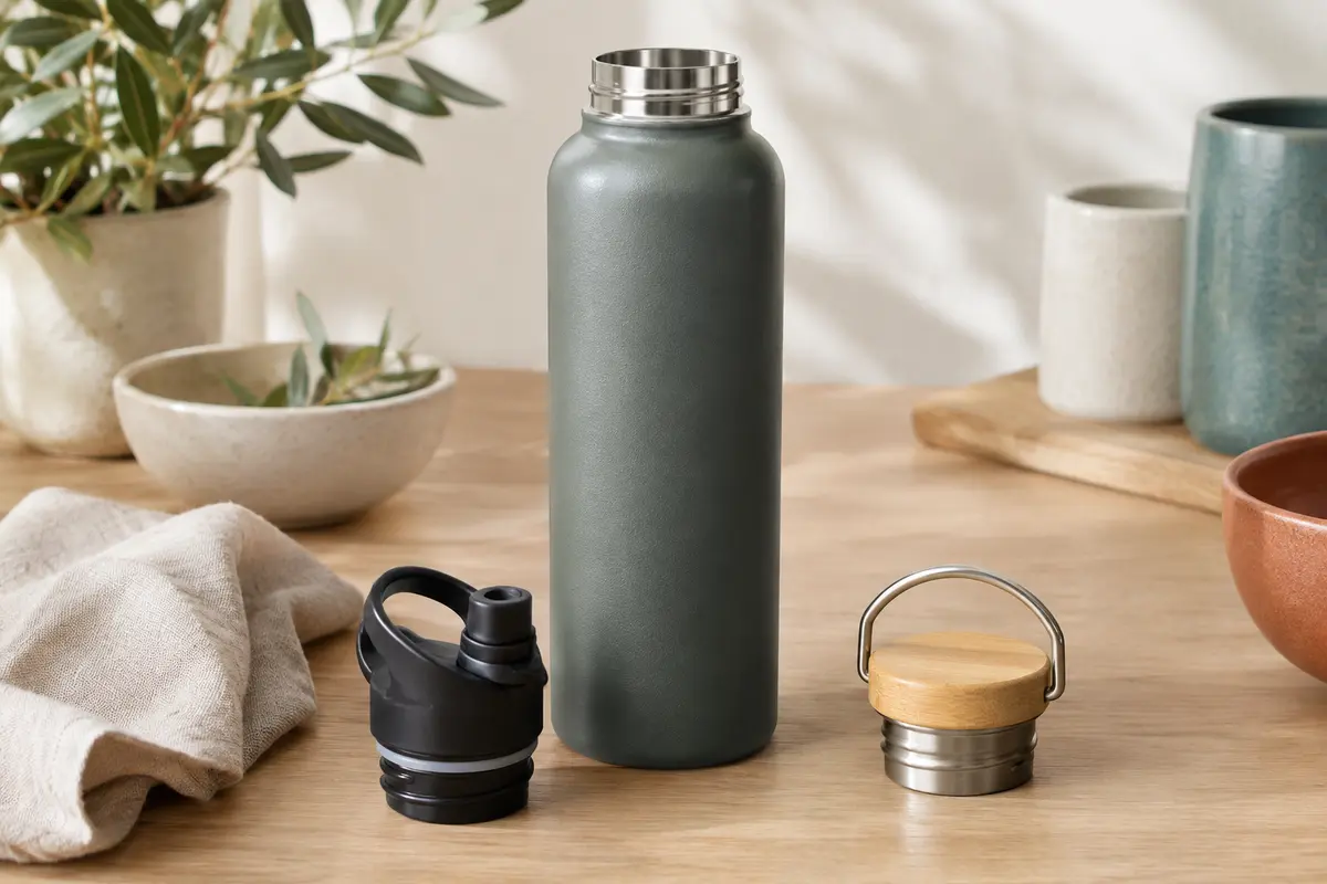 Gourde isotherme en inox à revêtement poudré, avec bouchon sport et bouchon à anse
