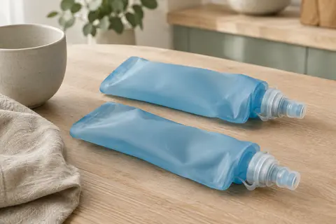 Deux flasques souples bleu ciel de 250 ml avec valve à morsure, posées sur une table en bois clair.