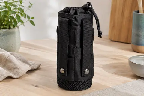 Pochette porte-gourde tactique noire en nylon avec sangles à pression et fond en maille