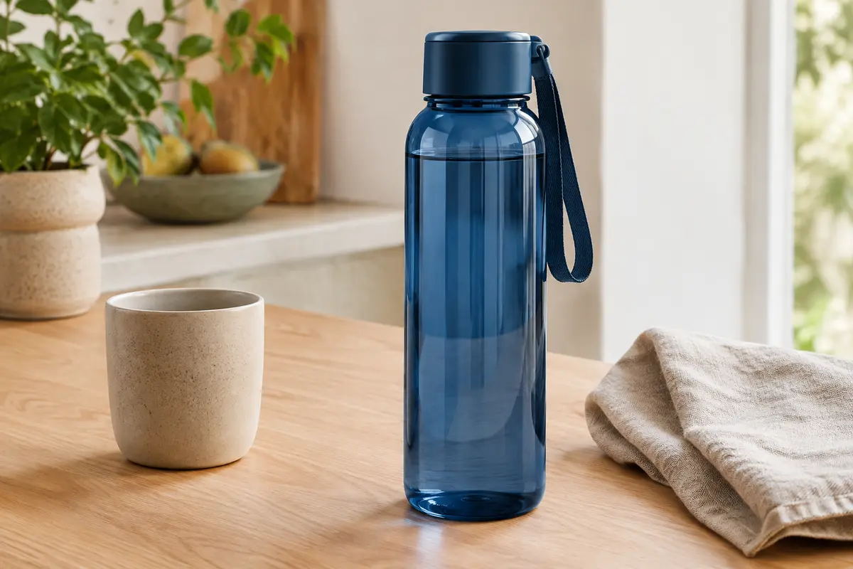 Gourde Twinzee en Tritan bleu foncé avec bouchon et dragonne, posée sur une table en bois clair.