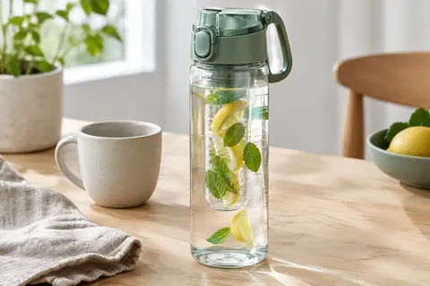 Gourde transparente d’un litre avec filtre à fruits, couvercle à charnière et poignée sur une table en bois clair.