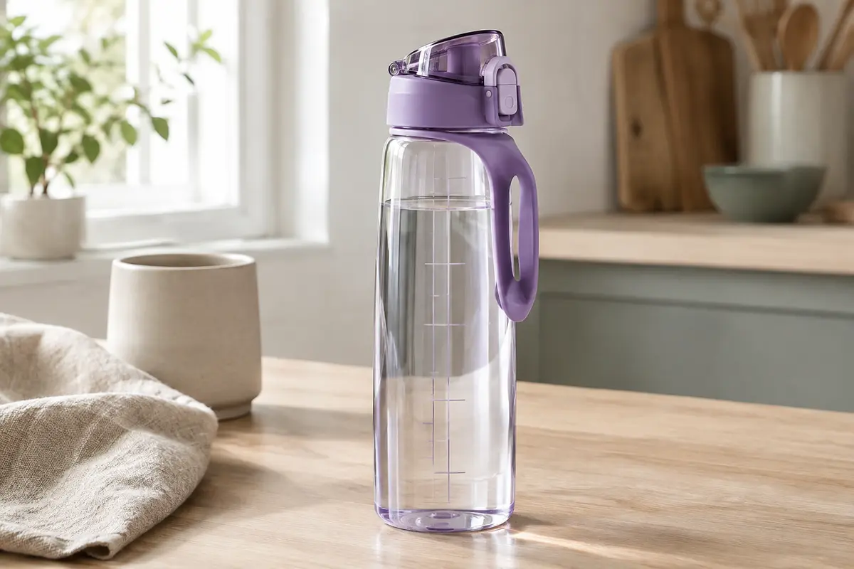 Gourde de sport en Tritan transparent avec éléments violets, poignée et bouchon à ouverture rapide sur une table claire.