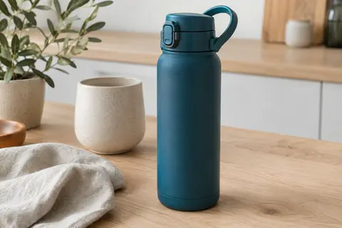 Gourde isotherme bleu océan mate avec bouchon flip-top et anse, posée sur une table en bois clair