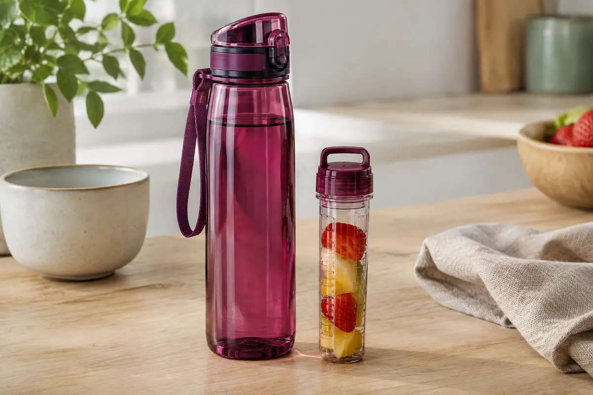 Gourde Uzspace rouge violacé en Tritan avec bouchon à protection et infuseur amovible posé à côté
