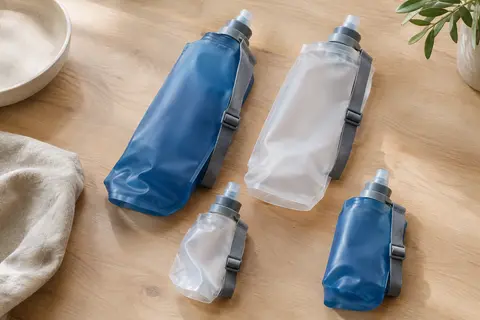 Quatre flasques souples bleues et transparentes, avec valves buccales et sangle réglable