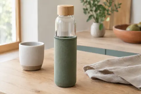 Bouteille en verre transparent avec housse vert mélangé et bouchon en bambou, posée sur une table en bois clair.