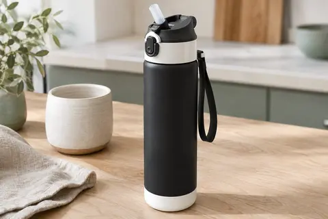 Gourde de sport noire et blanche avec paille intégrée, couvercle verrouillable et dragonne sur une table en bois clair