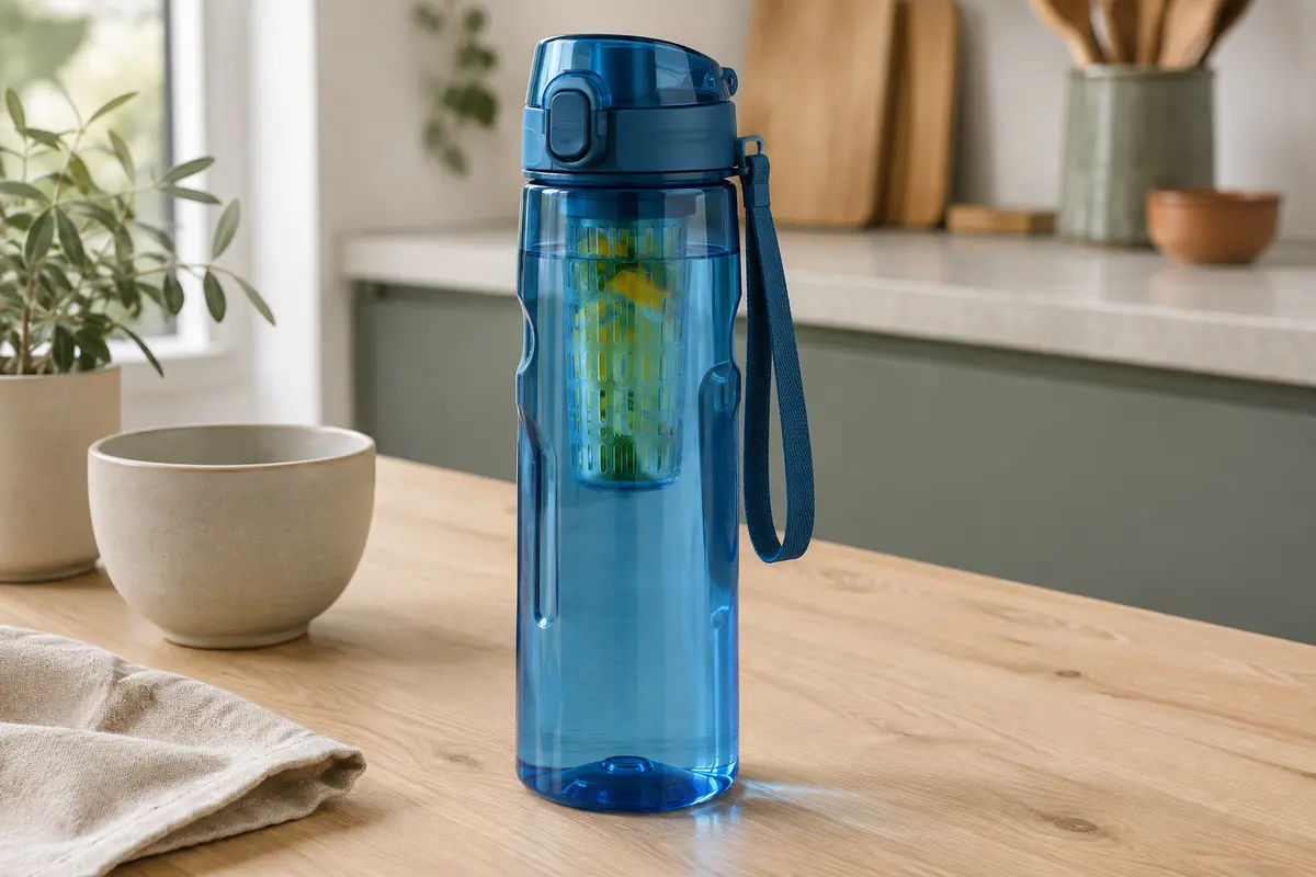 Gourde bleue de 2 l avec couvercle à rabat, sangle de transport et filtre à fruits