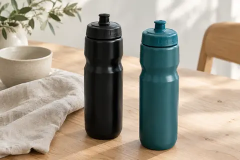 Deux gourdes de vélo, noire et bleu vert, avec bec à pression sur une table en bois clair