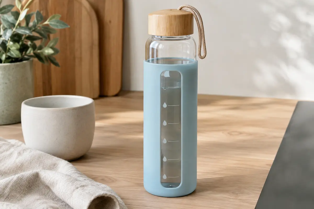 Gourde en verre transparente avec repères horaires, housse bleu clair et bouchon en bambou